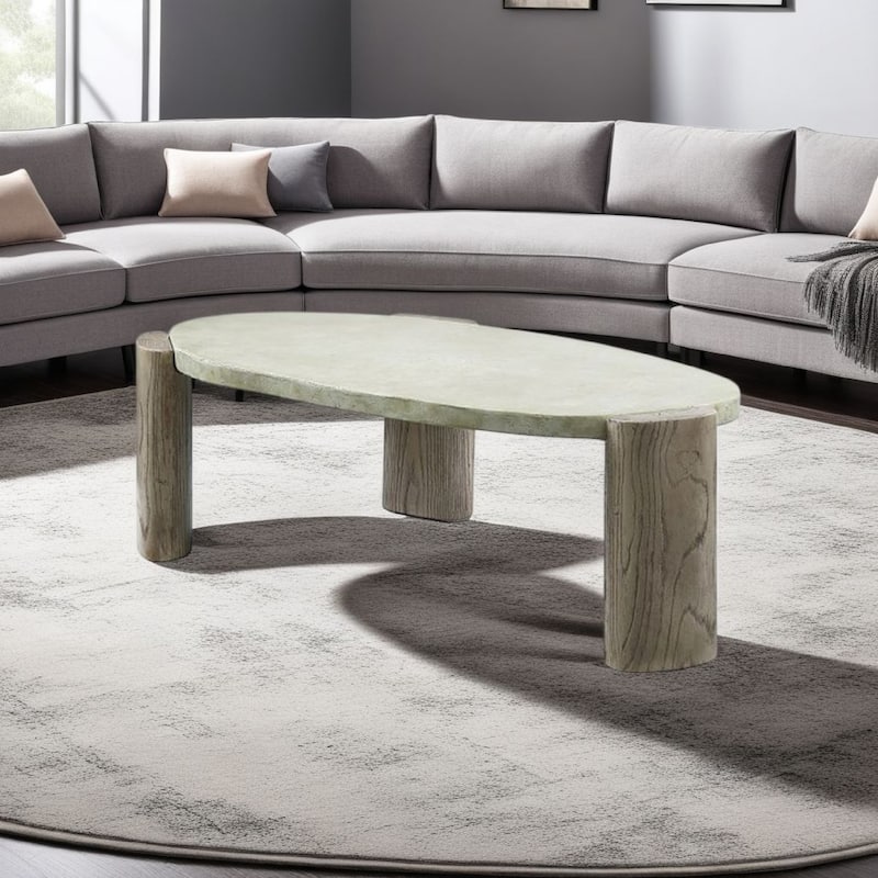 47 Inch Coffee Table, Oval Shape Cement Top, Smooth Gray and Oak Brown