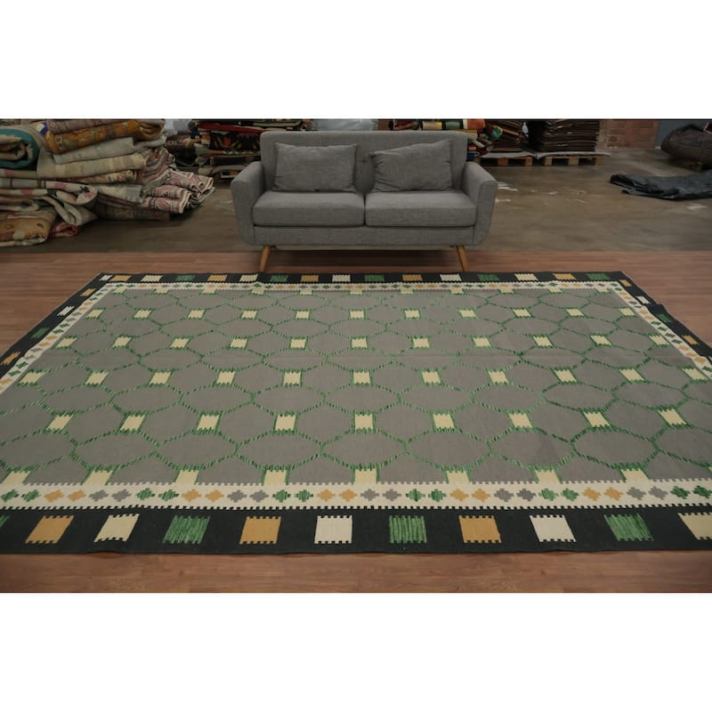 Hand Woven Oriental 100% Wool Carpet Southwestern Modern Greys & Charcoal Kilim Area Rug - 11' 5'' X 8' 4''