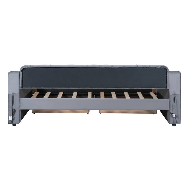 Upholstered Daybed with Storage Armrests and USB Port
