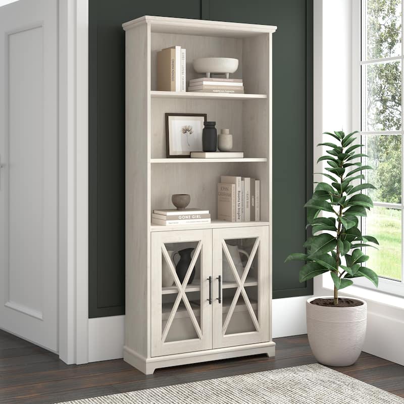 Lennox Farmhouse 5 Shelf Bookcase with Glass Doors by Bush Furniture - Linen White Oak