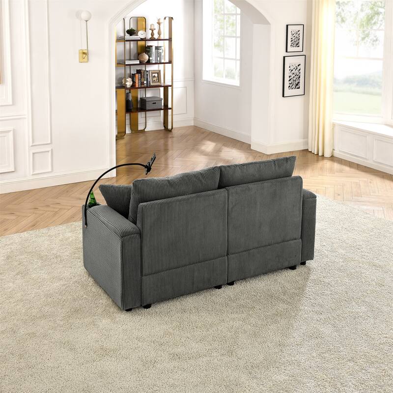Wide Armrests Sofa Couch with Wood Frame, Simple Loveseat Sofa Couch with with Cup Holders & Phone Holder