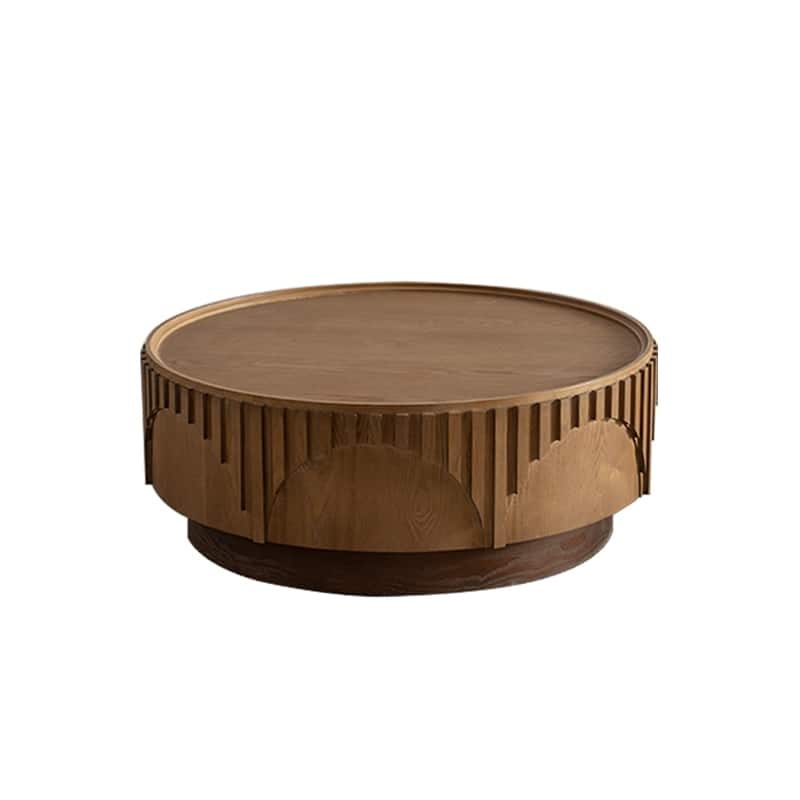 Coffee Table Round Wood Modern Solid Wood Veneer Handcrafted Relief Tea Table with Sturdy Pedestal for Apartment,Living Room
