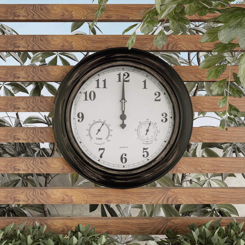 Indoor Outdoor Clock Thermometer Combo - 18-Inch Waterproof Outdoor Wall Clock with Temperature and Humidity by Pure Garden