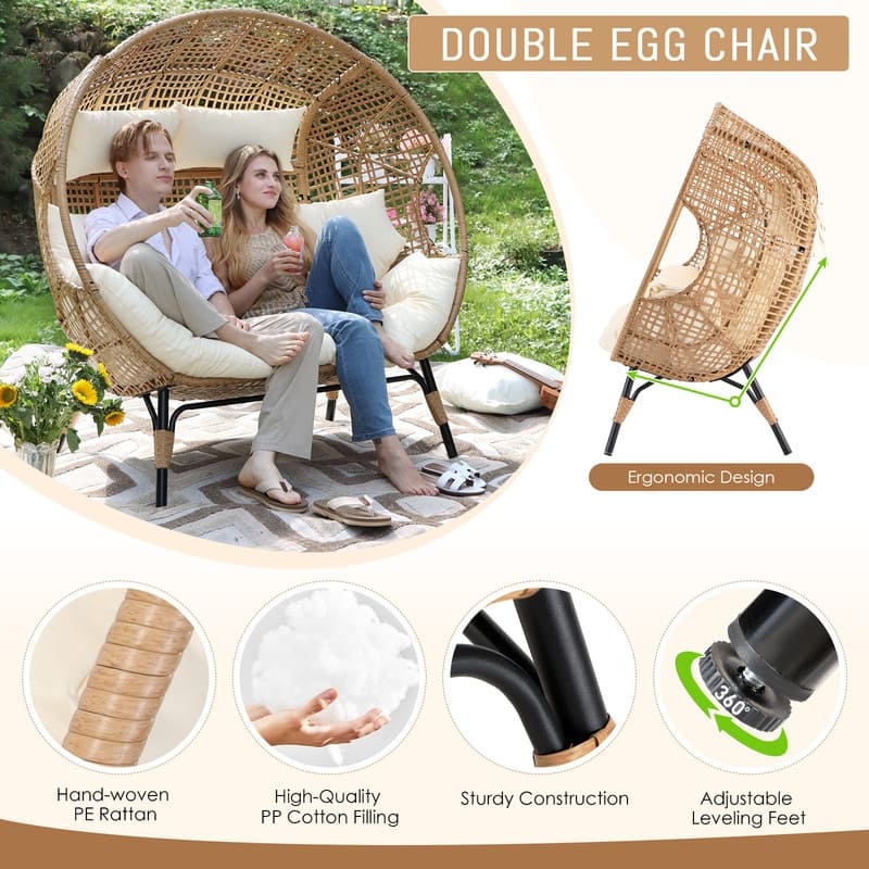 7 Piece Boho Patio Furniture Set with 2-Person Egg Chair, Outdoor Wicker Rattan Sectional Sofa with Lounge Chairs and Ice Bucket