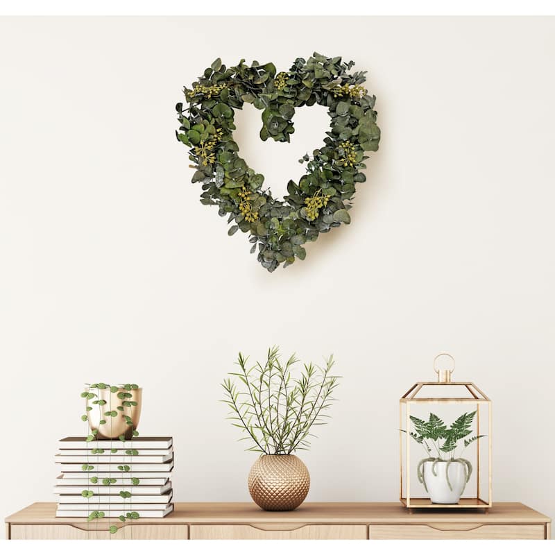 Preserved Decorative Real Dried Eucalyptus Valentines Day Heart Wreath in 14 inches- Green