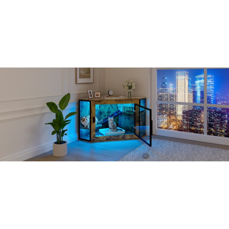 48" Corner Cat Litter Box Enclosure, Modern Hidden Litter Box Corner Cabinet with Acrylic Door and LED Light