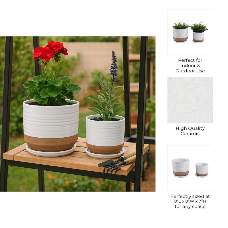 Decorative Round Ceramic Planter with Saucer - Set of 2