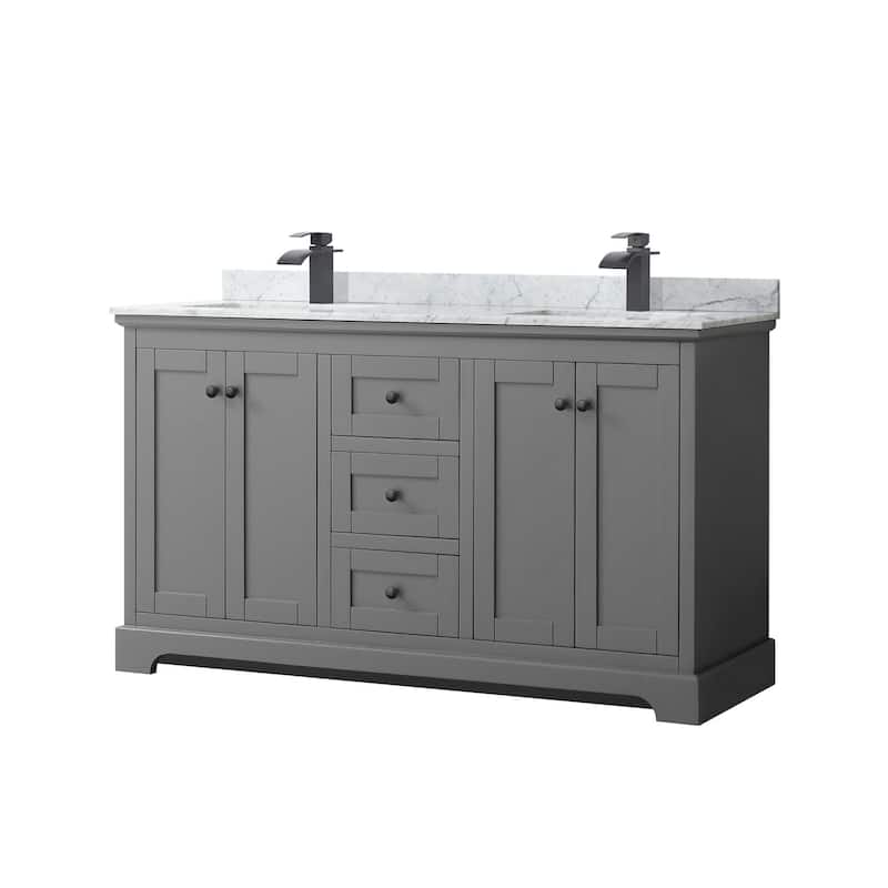 Wyndham Collection Avery 60" Free Standing Double Basin Vanity Set - Dark Gray / White Carrara Marble Top / Matte Black - Steel Finish