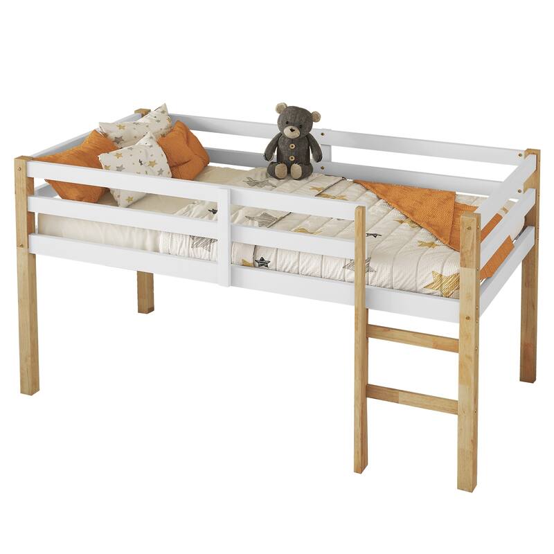Natural White Twin Loft Bed with Ladder, Strengthened Slats, Ample Underbed Storage