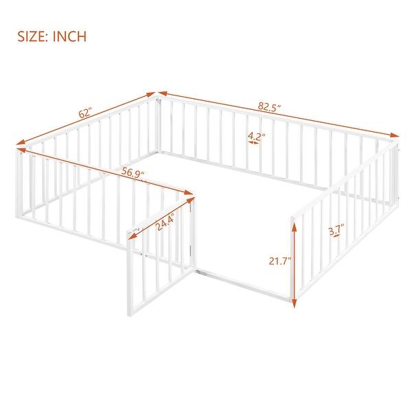 dimension image slide 0 of 2, Queen Size Metal Floor Bed Frame with Fenced Enclosure and Door ,Versatile Open-Row Design for Multiple Uses