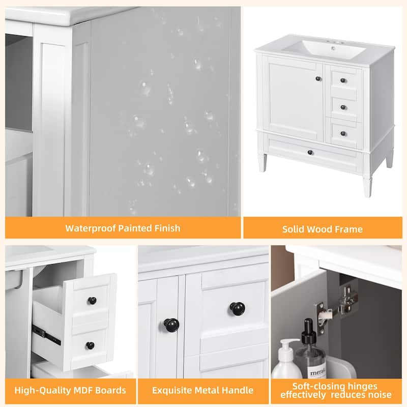 30 Inch Bathroom Vanity with Sink, Solid Wood and MDF Cabinet with 3 Drawers, Porcelain Countertop, Modern Style