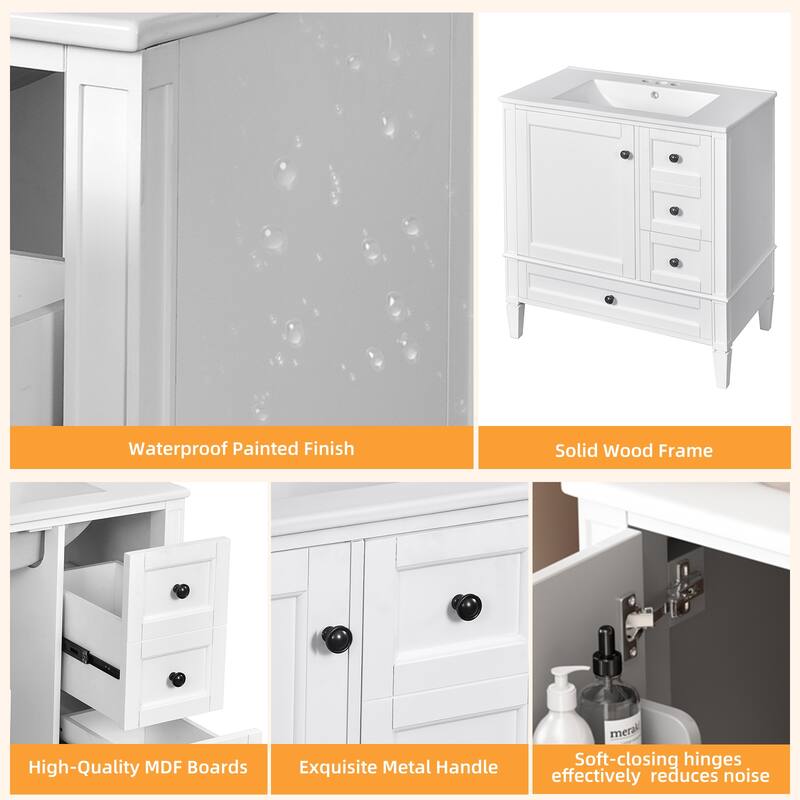 Bathroom Vanity with Ceramic Sink, Bathroom Cabinet with Soft Closing Doors, Vanity Set with 2-Tier Storage Rack and 3 Drawers