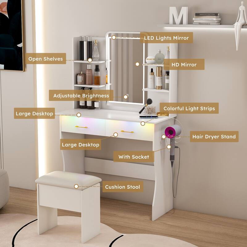 Small Vanity Desk with LED Lights Mirror & Power Outlet,Vanity Table Set with Drawers & Chair, 3 Lighting Modes