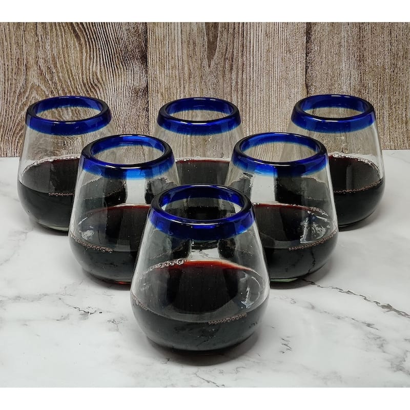 Hand Blown Mexican Stemless Wine Glasses - Set of 6 Glasses with Cobalt Blue Rims (15 oz)