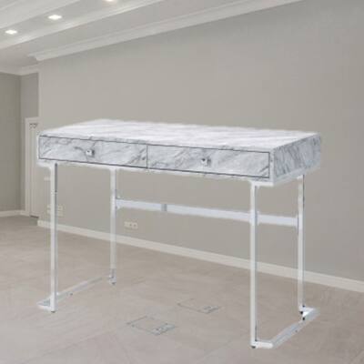Sleek White Faux Marble Writing Desk with Chrome Finish and Storage Drawers for Office or Study Space