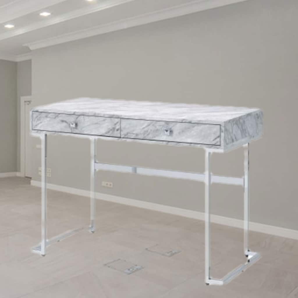 Sleek White Faux Marble Writing Desk with Chrome Finish and Storage Drawers for Office or Study Space