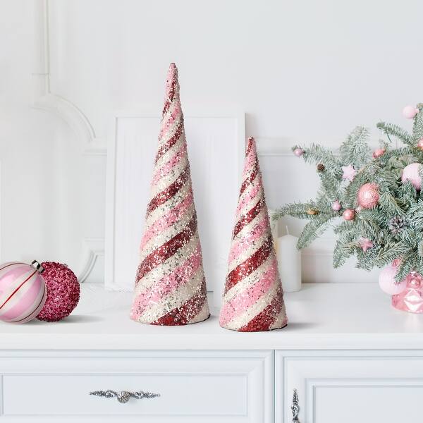 slide 2 of 4, 14-18" Glitter Iced Striped Cone Tree Set of 2