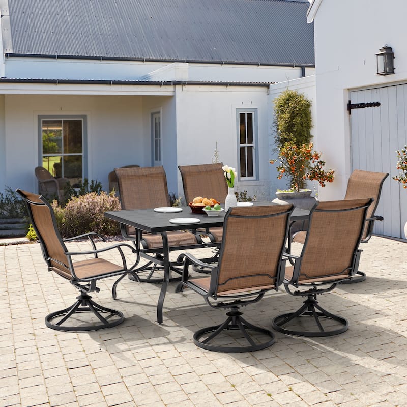 7-Piece Patio Iron Dining Set with Textilene Swivel Chairs, Brown and Black