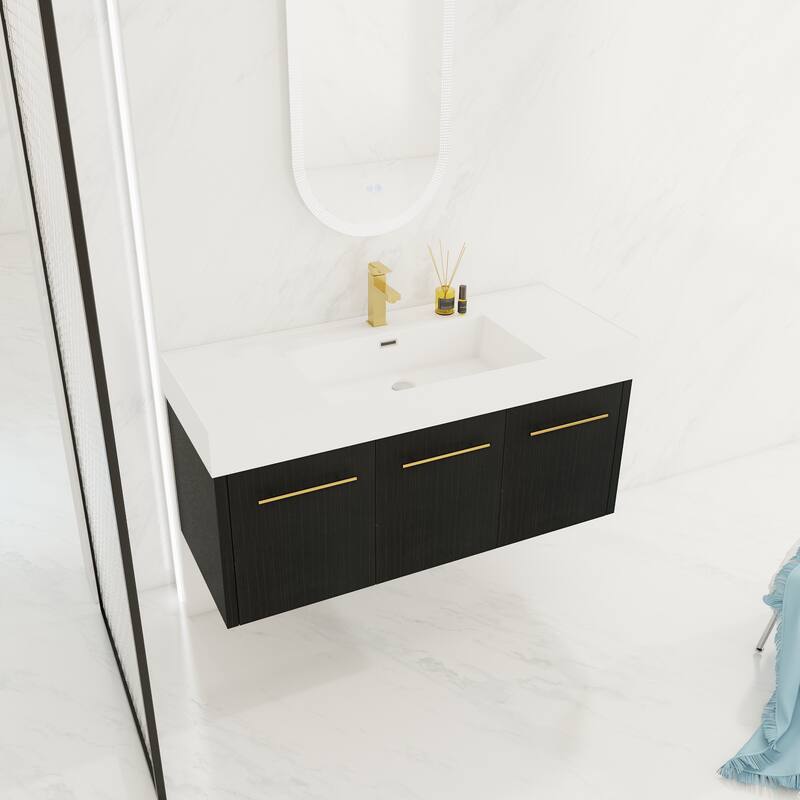 47-Inch Modern Bathroom Vanity with Resin Sink, Soft-Closing Hinges, Eco-Friendly Plywood Base, Black Chestnut Finish