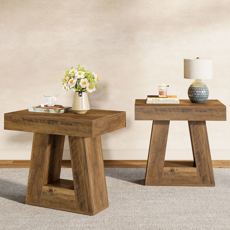 24" Modern 2-Tier Narrow End Table with Trapezoid Base - Dark Brown - 2 Packs