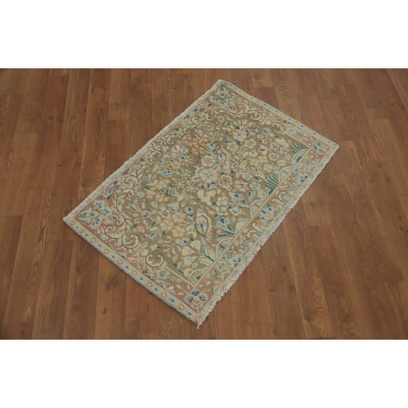 Hand Knotted Oriental 100% Wool Carpet Traditional Floral Brown Kerman Area Rug - 2' 10'' X 1' 9''