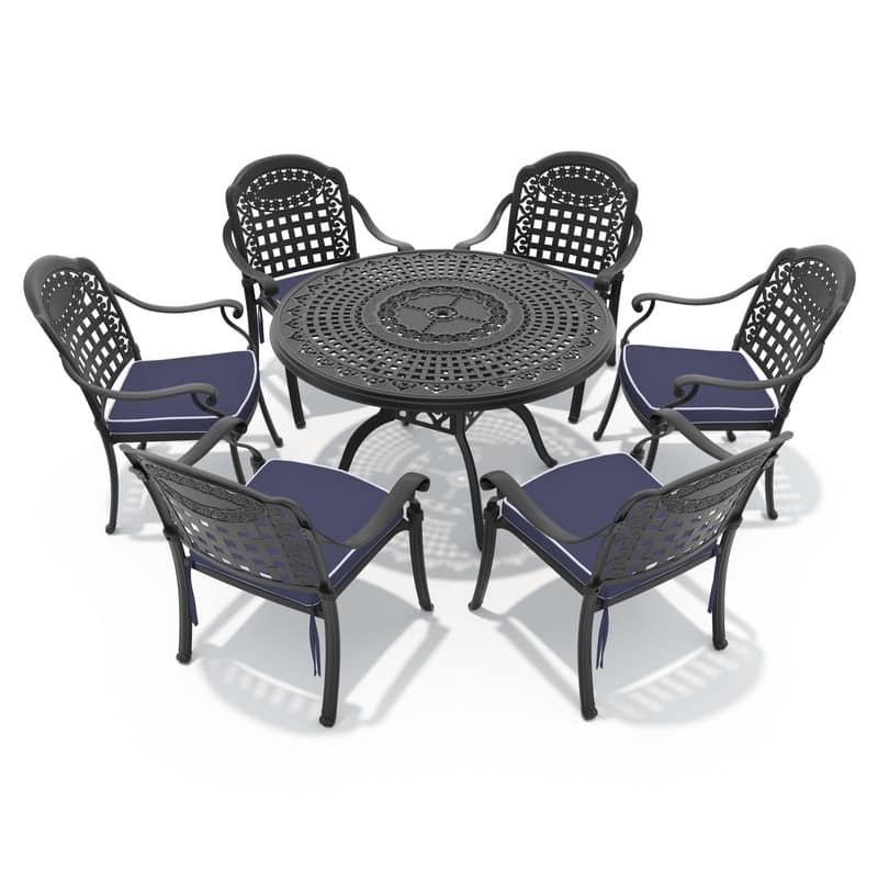 7-Piece Cast Aluminum Outdoor Dining Set with 47.24 in. Round Table and Seat Cushions
