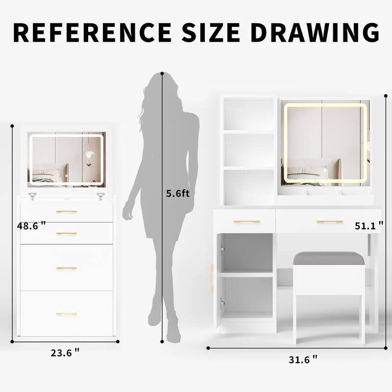 Makeup Vanity Desk with Mirror & Lights, Dressing Table with Power Outlet, 3 Light Modes, Drawers and Storage Stool