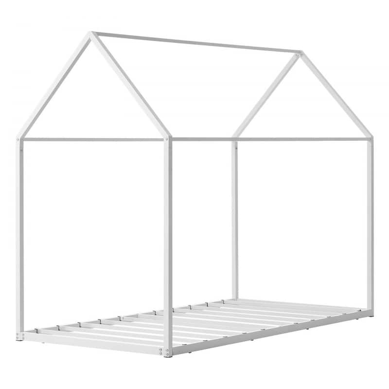 Twin Size White Metal Kids House Bed Frame with Floor Safety and Roof Creative Play Space