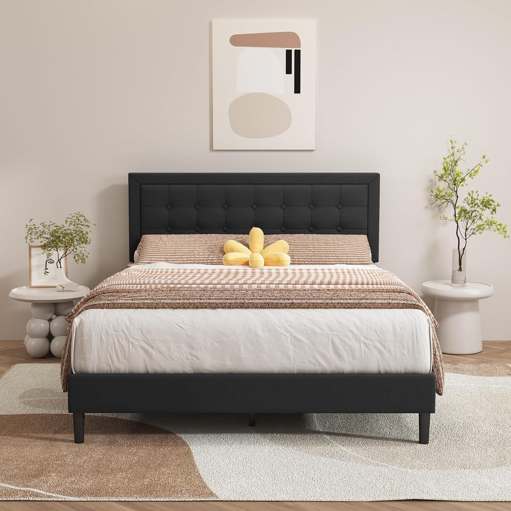 alazyhome Upholstered Platform Bed Frame with Button Tufting Headboard