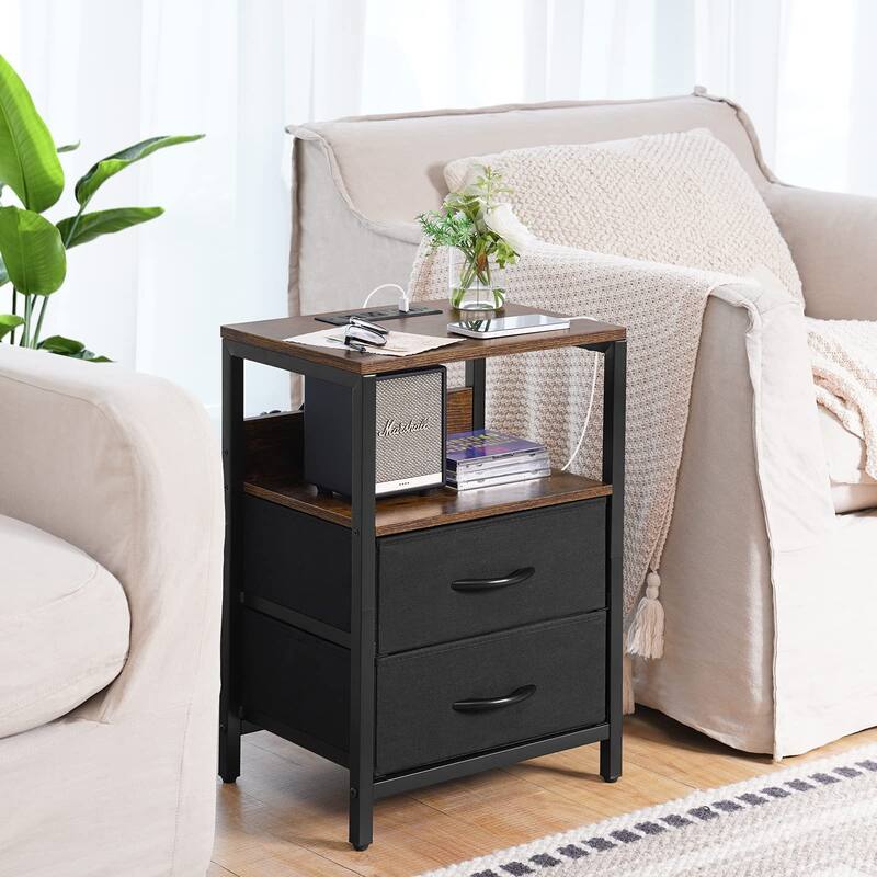 Nightstand with Charging Station, Small Night Stand with Fabric Drawers,Small Spaces Bedside Table with USB Ports & Outlets