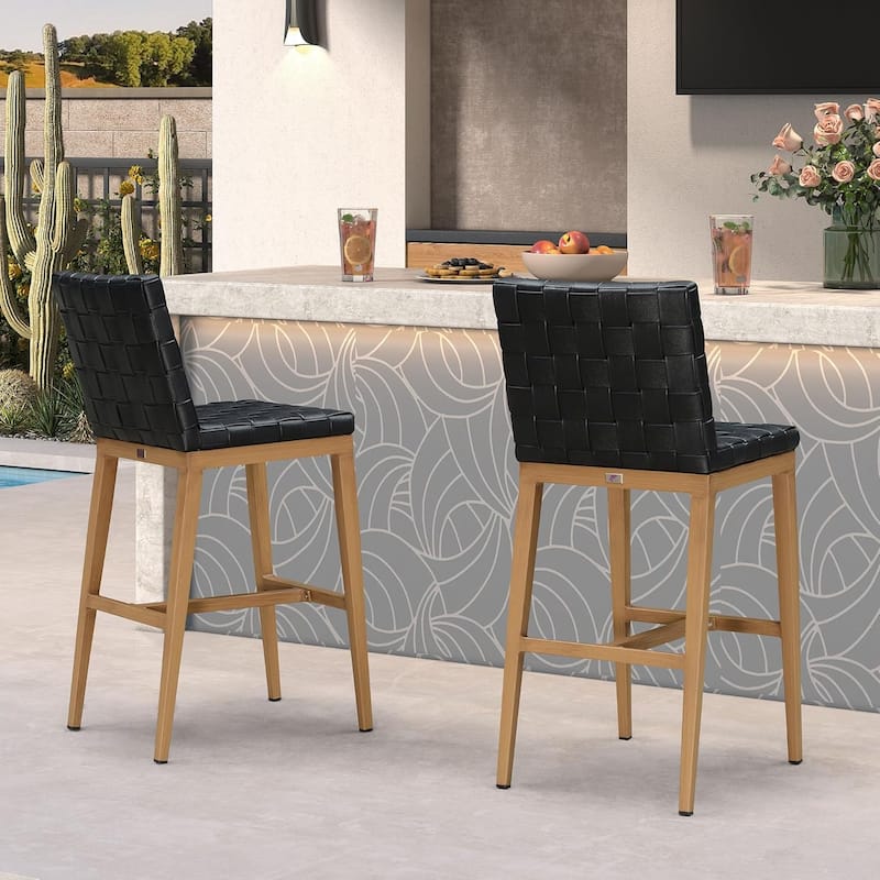 PURPLE LEAF Outdoor Counter Height Bar Stools Set of 2, PU Leather Patio Bar Set with Aluminum Frame - N/A - BarHeight-Black
