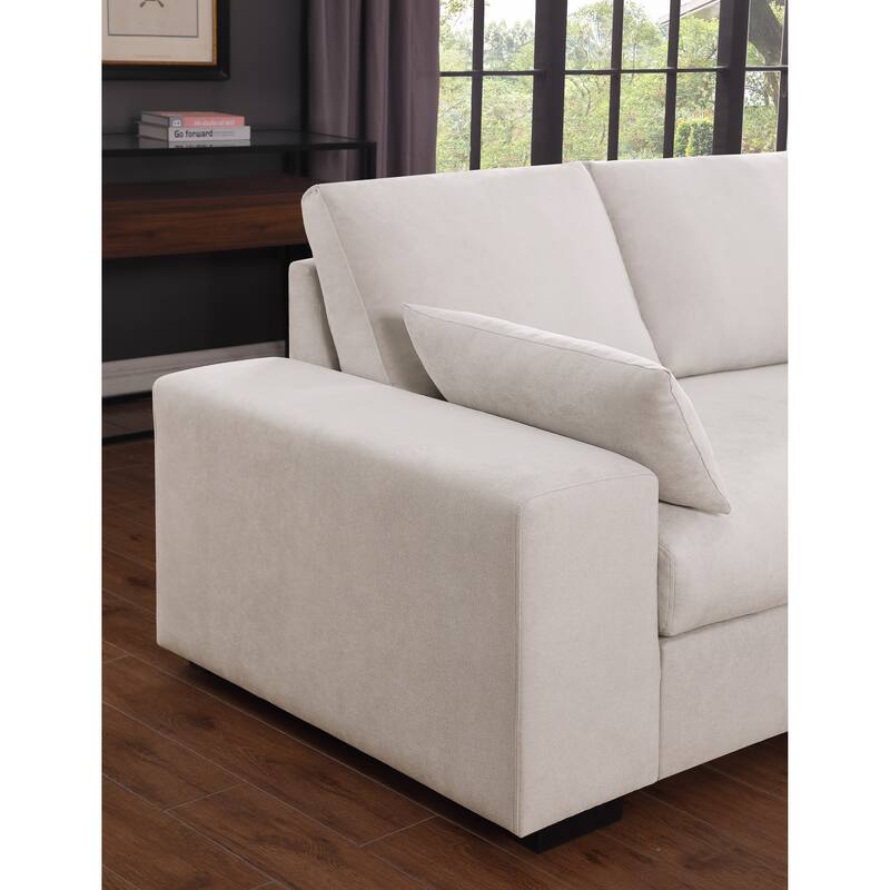 100"W Beige Woven Sectional Sofa w/ Right Chaise, Console Ottoman & 2 Pillows