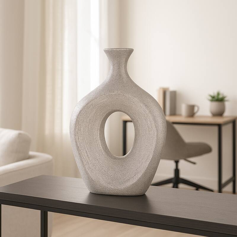 Modern Ceramic Textured Oval Cut-Out Vase - Home Decor - 13"