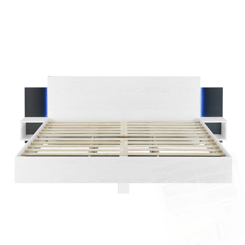 Wooden Floating Platform Bed, with LED Lights and Bedside Nightstand