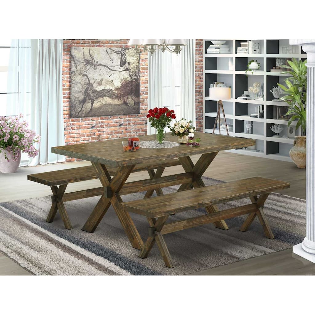 HomeStock 3-Piece Rectangle Distressed Jacobean Finish Solid Wood Top Dining Table with 2-Benches