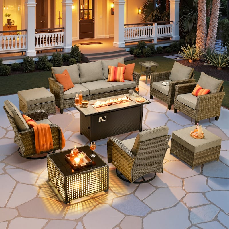 HOOOWOOO 10-piece Patio Furniture Set with Swivel Rocking Chairs Wicker Conversation Set - Dark Grey
