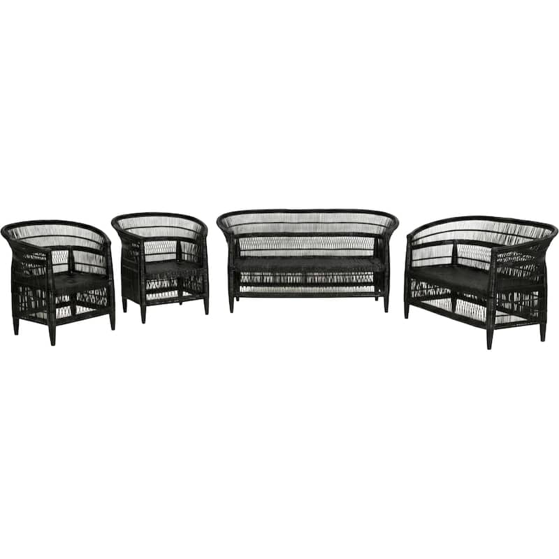 Handwoven Natural Rattan 4-Piece Indoor Seating Set - 2 Chairs, Loveseat, and 3-Seater Settee, Solid Wood Frame, Boho Farmhouse