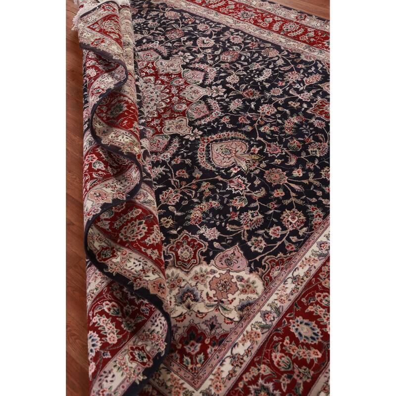 Hand Knotted Oriental Wool & Silk Carpet Traditional Floral Navy Blue & Blues Tabriz Area Rug - 9' 8'' X 7' 10''
