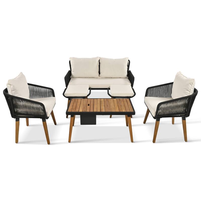 Outdoor 6-Piece Rope Conversation Sofa Set with Acacia Cool Bar Table & Stools
