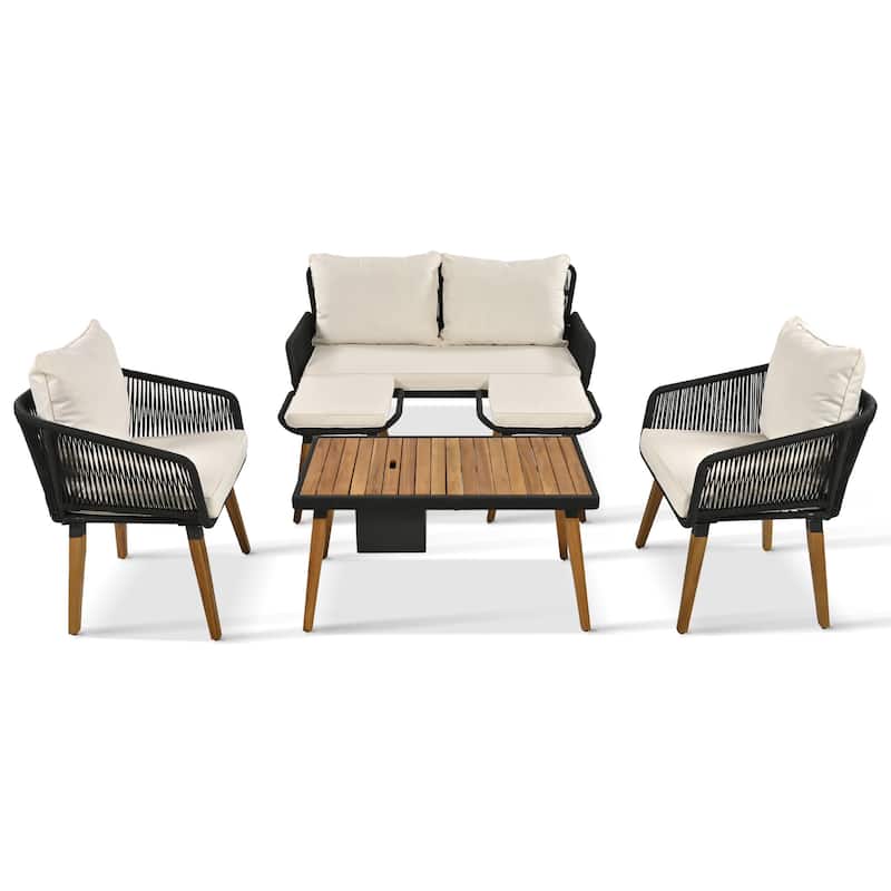 6-Piece Rope Patio Furniture Set with Acacia Wood Cool Bar Table