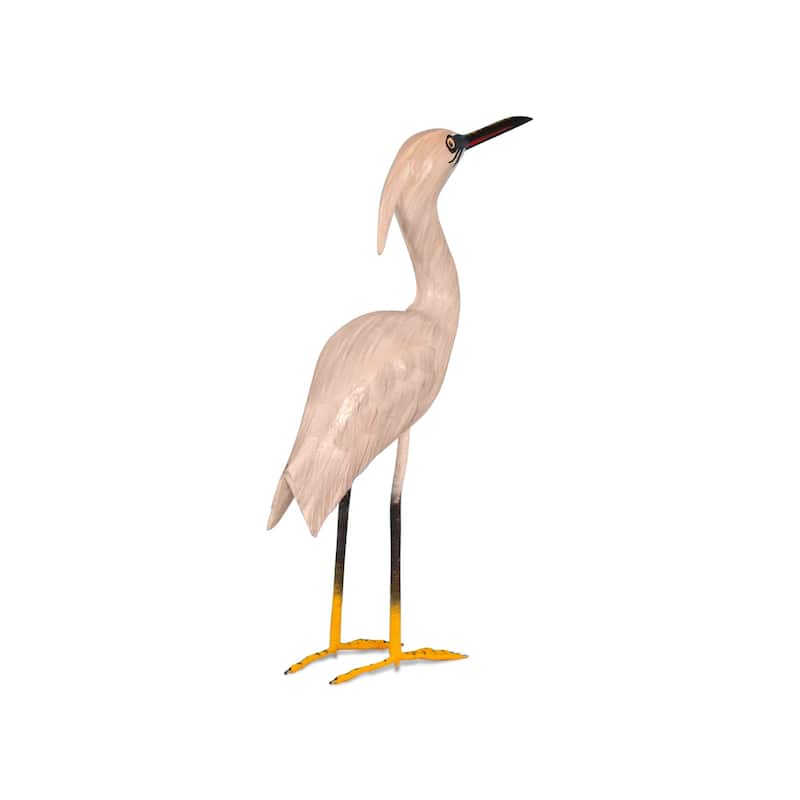 Wood Snowy Egret Heron Figurine - Hand Carved Coastal Bird Sculpture, Elegant Shore Decor - 11" tall x 7" wide x 2.2" deep