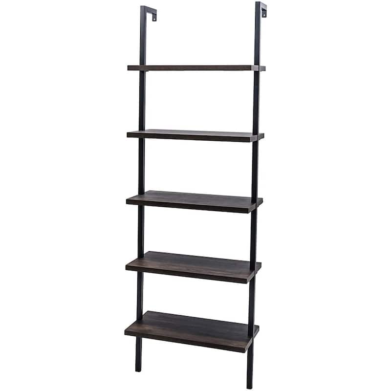 5-Shelf Wood Ladder Bookcase with Metal Frame Modern Tall Display Shelf Racks