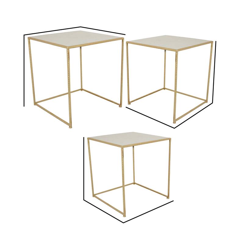 Neci Plant Stand Table Set of 3, Nesting Open Metal Gold Frame, White Top