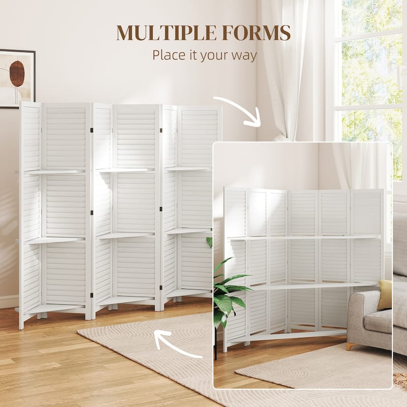 HOMCOM Room Divider, 6 Panel 67" Tall Wood Privacy Screen with 3 Display Shelves, and Folding Storage for Bedroom, Gray