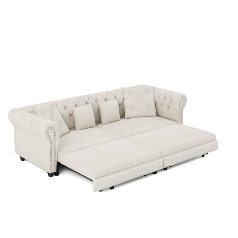 Oversized Chesterfield Loveseat Sofa, Convertible Pull Out Sleeper Sofabed Velvet Couch Bed w/Movable Ottoman and Nailhead Trim