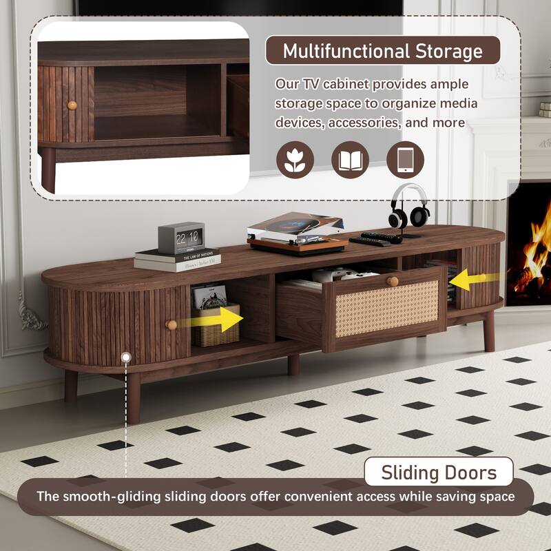 Modern TV Stand Media Console, for 75" TVs with Rattan-Front Drawer and 2 Sliding-Door Cabinets, for Living Room