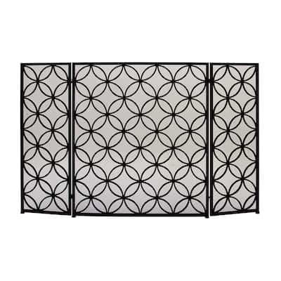 Metal Geometric Foldable 3 Panel Fireplace Screen with Mesh Netting - Black - Roche River Decor - 1"W x 48"L x 30"H