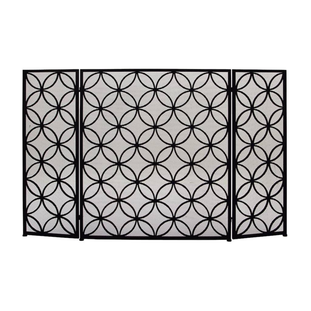Metal Geometric Foldable 3 Panel Fireplace Screen with Mesh Netting - Black - Roche River Decor - 1"W x 48"L x 30"H