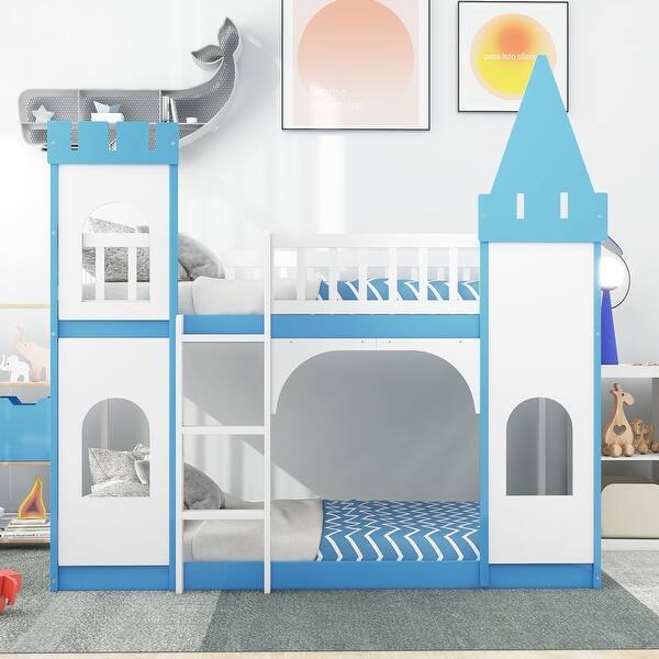 slide 2 of 18, Moden Style Twin Over Twin Bunk Bed, Castle-like Bed with Guardrails and Door & Windows, Easy to Assemble Blue