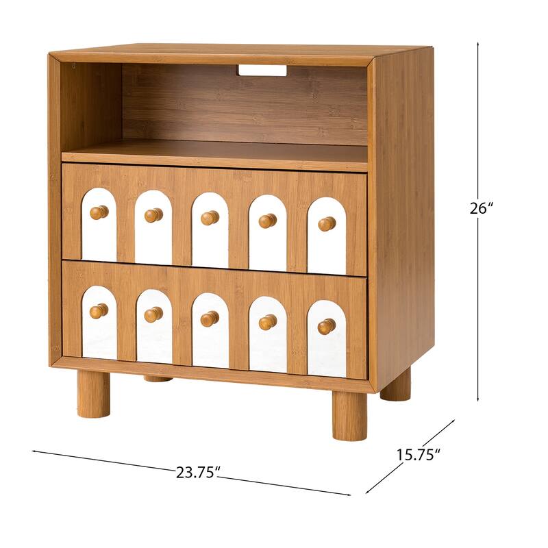 Rossetta Mid-Century Minimalist Style Built-In Charging Station Nightstand with Small Archway Mirror Cuts Drawer Doors